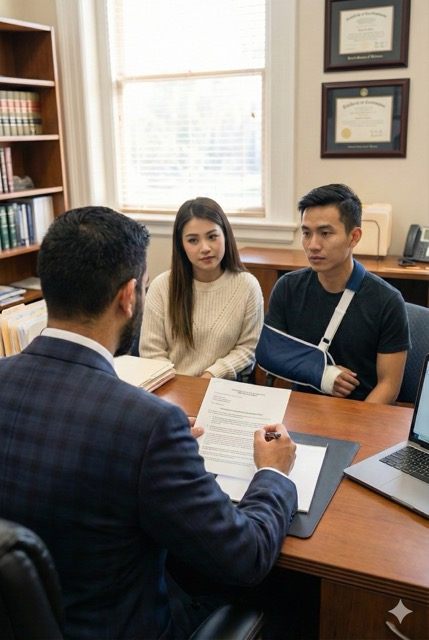 Attorney Discussing Legal Attorney Explains Legal Process to Young Asian Couple inside his Office Medium Attorney explains legal process to young Asian couple inside his office