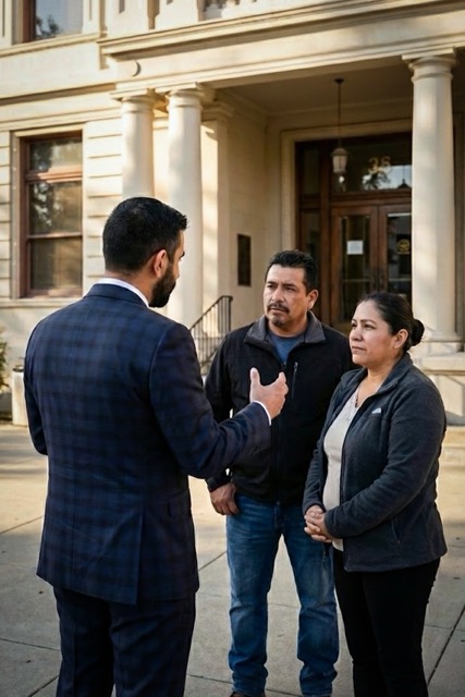 Attorney Discussing Legal Options with Hispanic Couple Outside Courthouse Medium