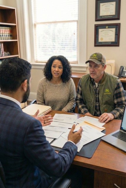 Attorney explains bankruptcy legal process to middle aged mixed race couple inside his office